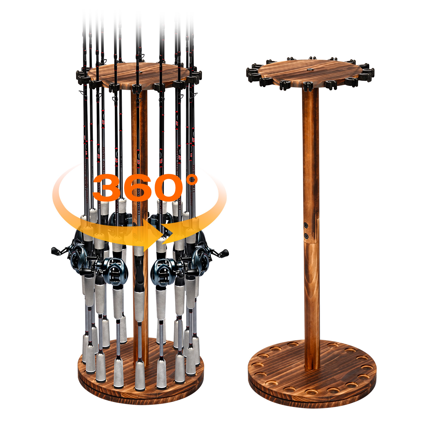 Fishing Equipment Holder - Suporte Giratório de Madeira Carbonizada para